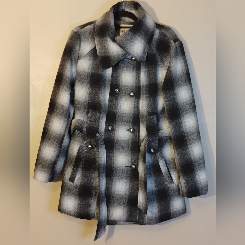 Decibel Black and White Pea Coat with Bold Plaid Pattern and Notched Lapel - Picture 2 of 8